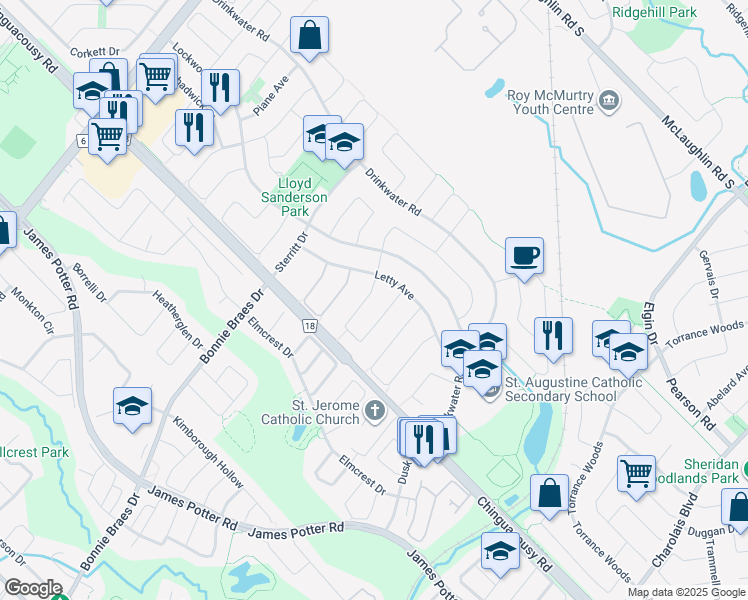 map of restaurants, bars, coffee shops, grocery stores, and more near 103 Mosley Crescent in Brampton