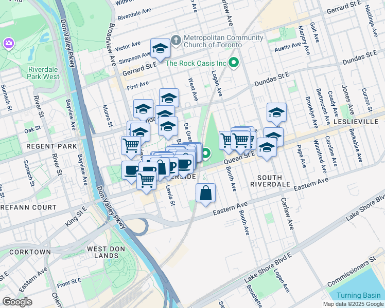 map of restaurants, bars, coffee shops, grocery stores, and more near 30 De Grassi Street in Toronto