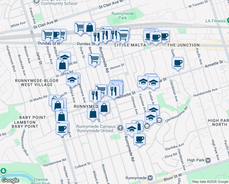 map of restaurants, bars, coffee shops, grocery stores, and more near 525 Runnymede Road in Toronto