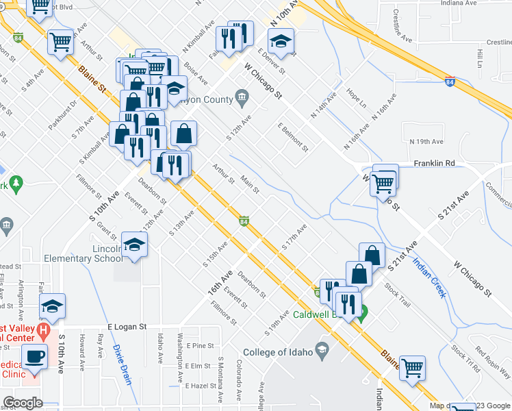 map of restaurants, bars, coffee shops, grocery stores, and more near 1422 Arthur Street in Caldwell
