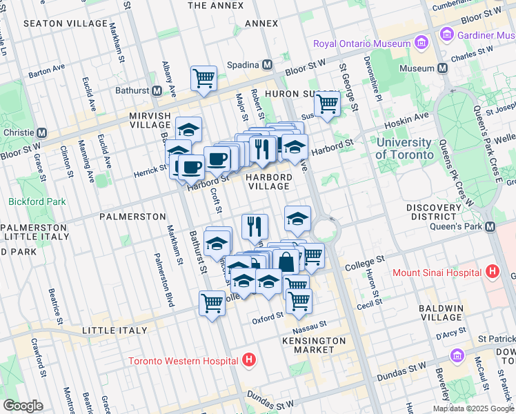 map of restaurants, bars, coffee shops, grocery stores, and more near 18 Ulster Street in Toronto