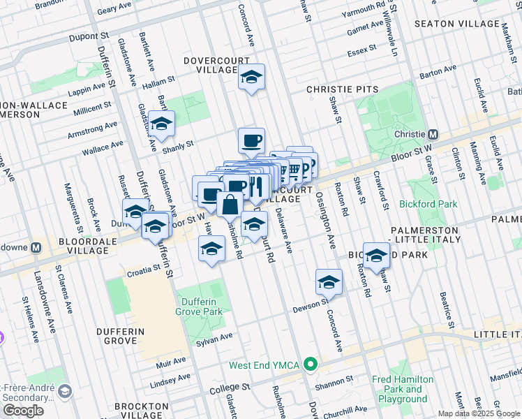 map of restaurants, bars, coffee shops, grocery stores, and more near 998A Bloor Street West in Toronto