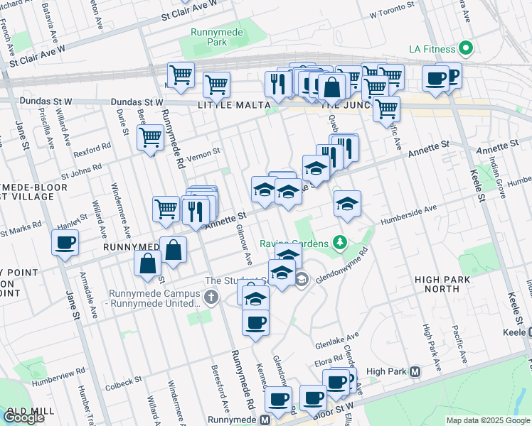 map of restaurants, bars, coffee shops, grocery stores, and more near 407 Annette Street in Toronto