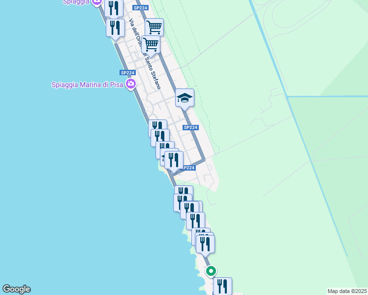 map of restaurants, bars, coffee shops, grocery stores, and more near 13b Via Girolamo Vecchiani in Marina di Pisa