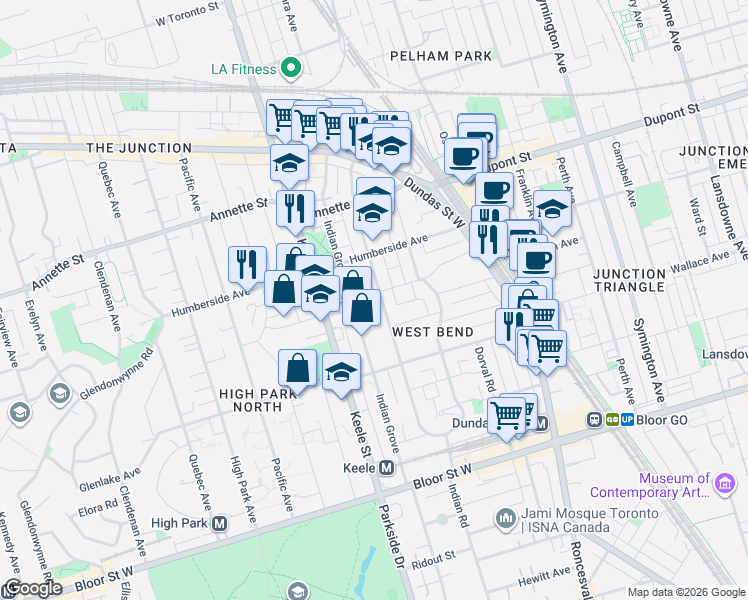 map of restaurants, bars, coffee shops, grocery stores, and more near 172 Indian Road Crescent in Toronto