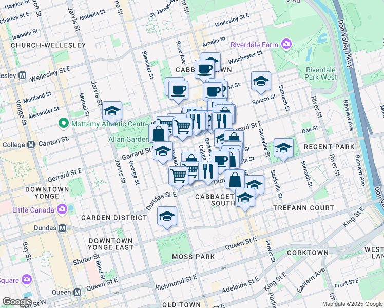 map of restaurants, bars, coffee shops, grocery stores, and more near 366 Ontario Street in Toronto
