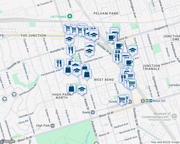 map of restaurants, bars, coffee shops, grocery stores, and more near 172 Indian Road Crescent in Toronto