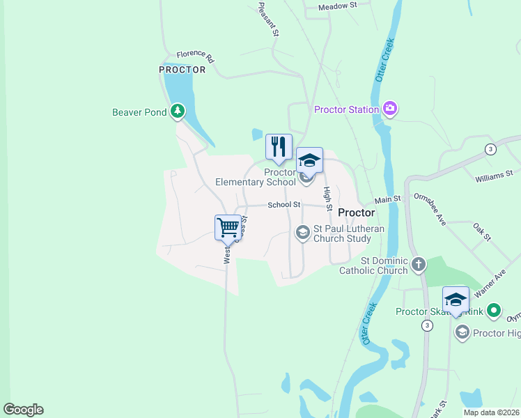 map of restaurants, bars, coffee shops, grocery stores, and more near 41 School Street in Proctor