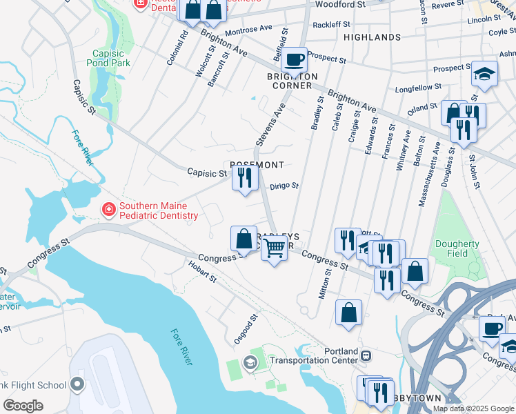 map of restaurants, bars, coffee shops, grocery stores, and more near 12 Rudman Road in Portland