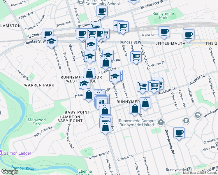 map of restaurants, bars, coffee shops, grocery stores, and more near 8 Hanley Street in Toronto