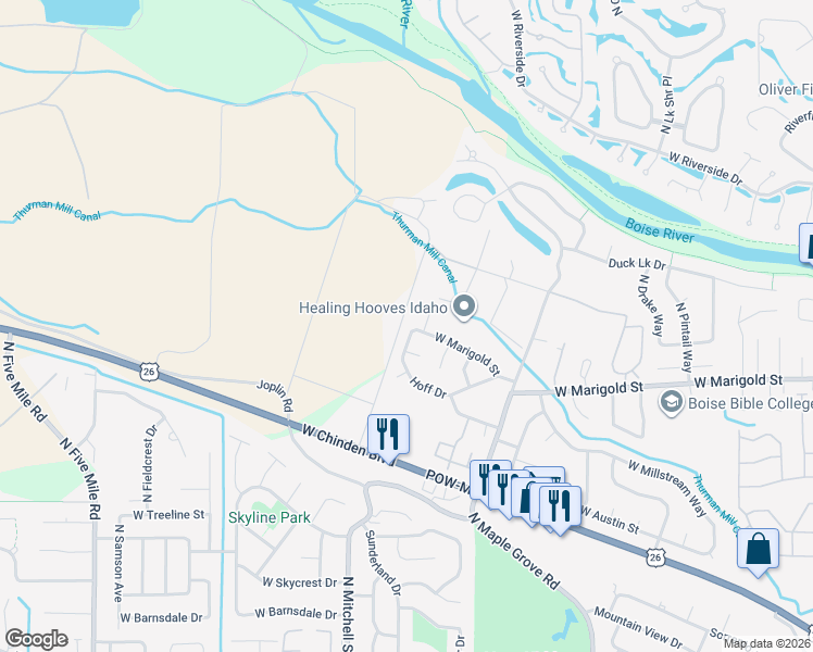 map of restaurants, bars, coffee shops, grocery stores, and more near 9671 Hoff Drive in Boise