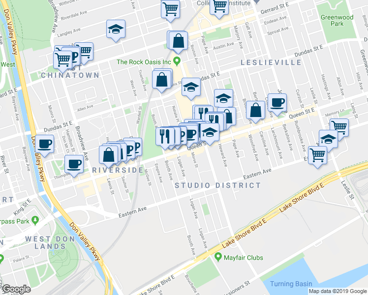 map of restaurants, bars, coffee shops, grocery stores, and more near 922 Queen Street East in Toronto
