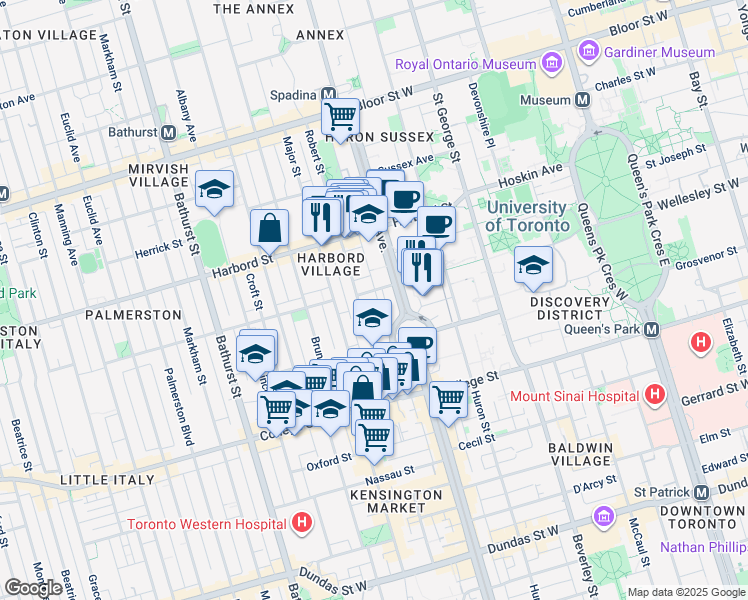 map of restaurants, bars, coffee shops, grocery stores, and more near 89 Willcocks Street in Toronto