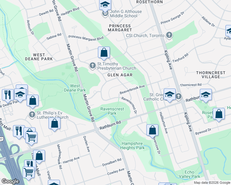 map of restaurants, bars, coffee shops, grocery stores, and more near 72 Beaverbrook Avenue in Toronto