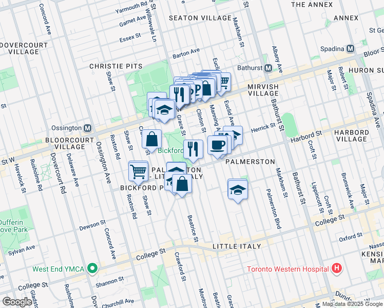 map of restaurants, bars, coffee shops, grocery stores, and more near 353 Grace Street in Toronto
