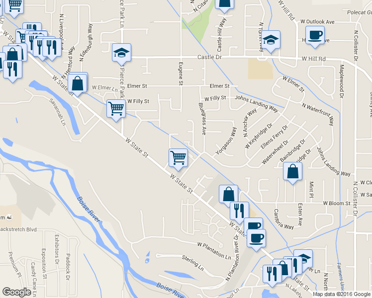 map of restaurants, bars, coffee shops, grocery stores, and more near 6030 West Port Place in Boise