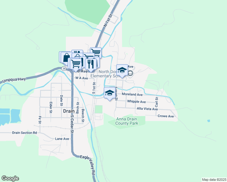 map of restaurants, bars, coffee shops, grocery stores, and more near 302 South Main Street in Drain