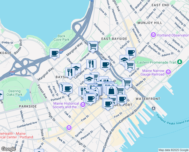map of restaurants, bars, coffee shops, grocery stores, and more near 159 Oxford Street in Portland