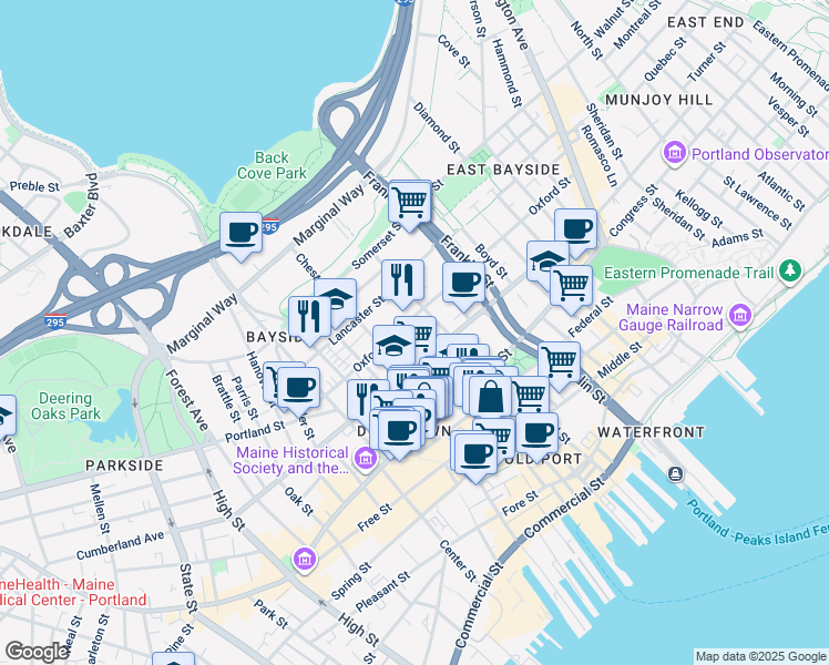 map of restaurants, bars, coffee shops, grocery stores, and more near 159 Oxford Street in Portland