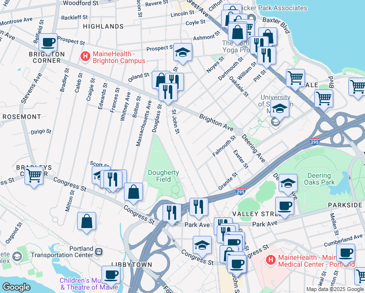map of restaurants, bars, coffee shops, grocery stores, and more near 516 Saint John Street in Portland