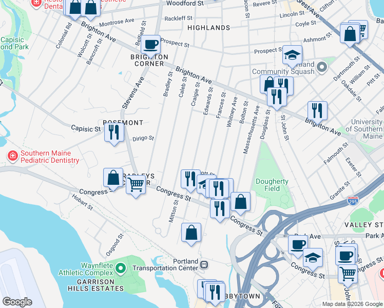 map of restaurants, bars, coffee shops, grocery stores, and more near 61 Craigie Street in Portland