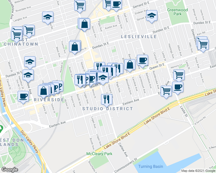 map of restaurants, bars, coffee shops, grocery stores, and more near in Toronto