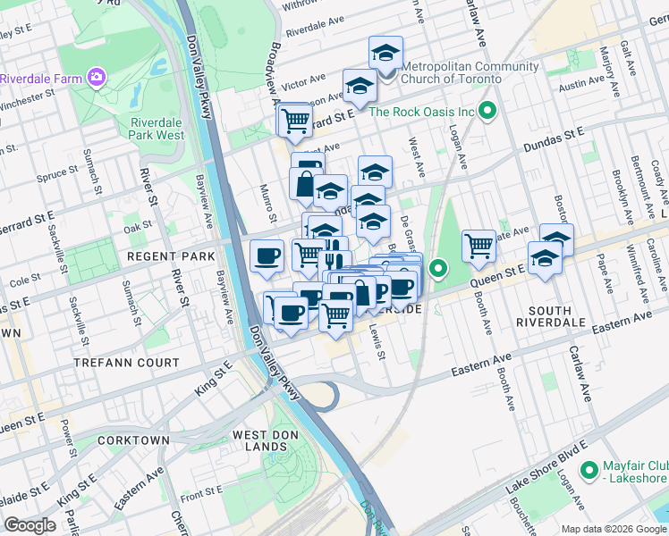 map of restaurants, bars, coffee shops, grocery stores, and more near in Toronto