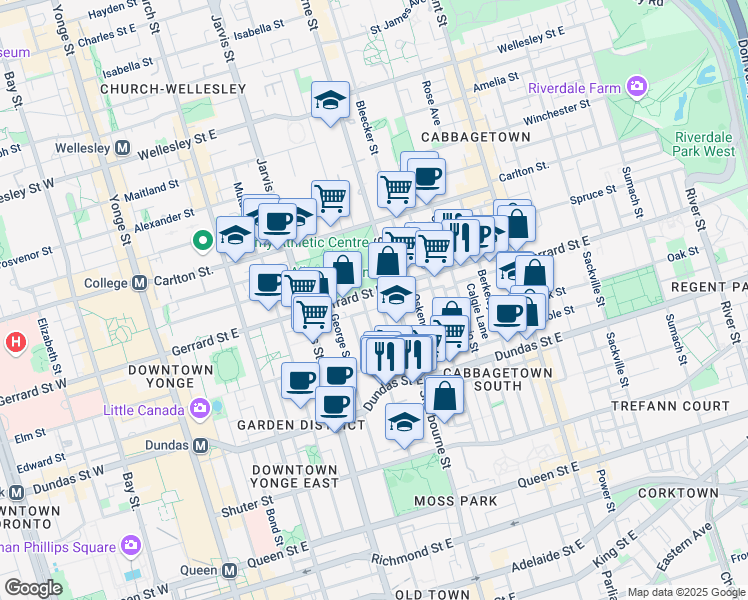 map of restaurants, bars, coffee shops, grocery stores, and more near in Toronto