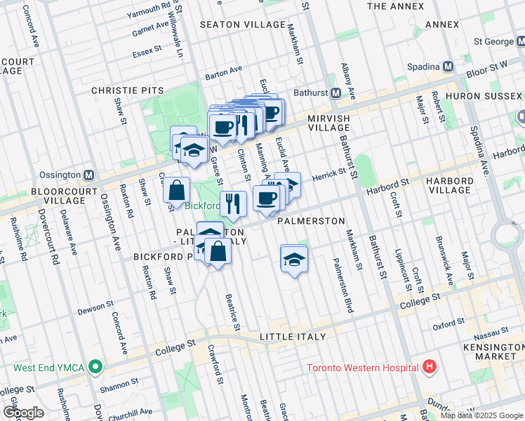 map of restaurants, bars, coffee shops, grocery stores, and more near in Toronto