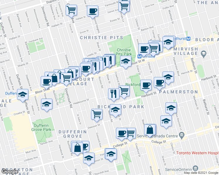 map of restaurants, bars, coffee shops, grocery stores, and more near in Toronto