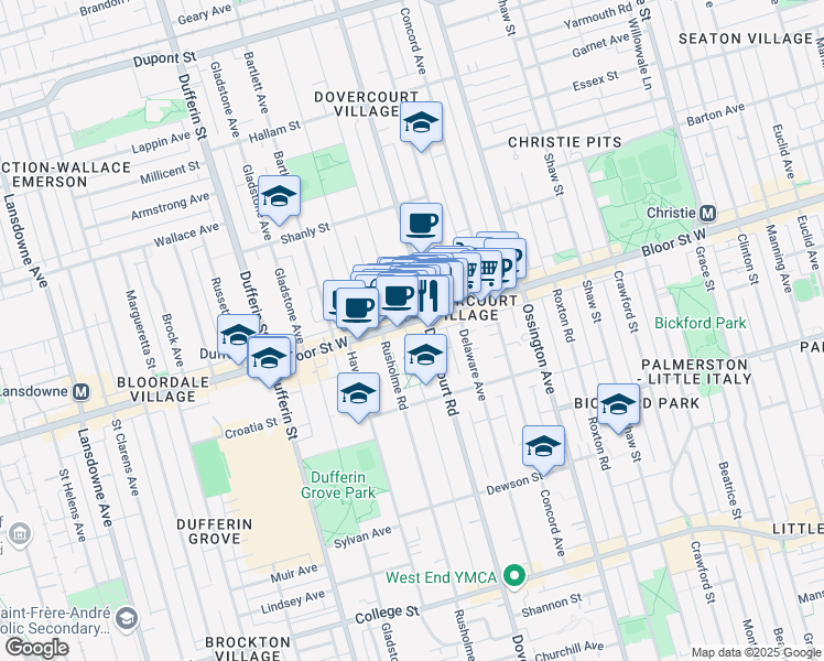 map of restaurants, bars, coffee shops, grocery stores, and more near 998A Bloor Street West in Toronto