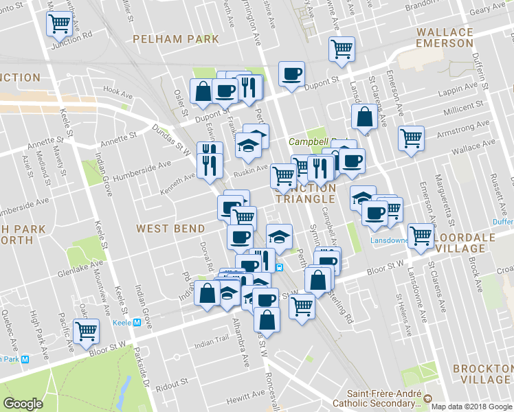 map of restaurants, bars, coffee shops, grocery stores, and more near 30 Elsie Lane in Toronto