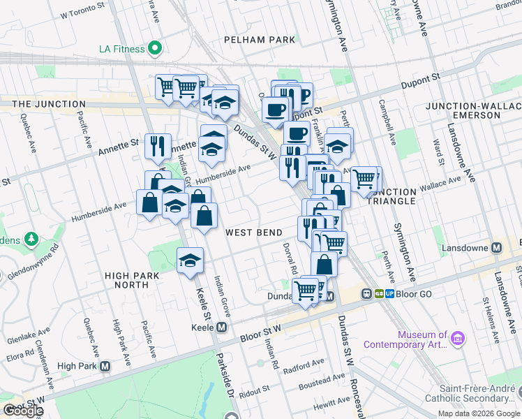 map of restaurants, bars, coffee shops, grocery stores, and more near in Toronto