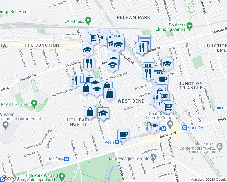 map of restaurants, bars, coffee shops, grocery stores, and more near in Toronto
