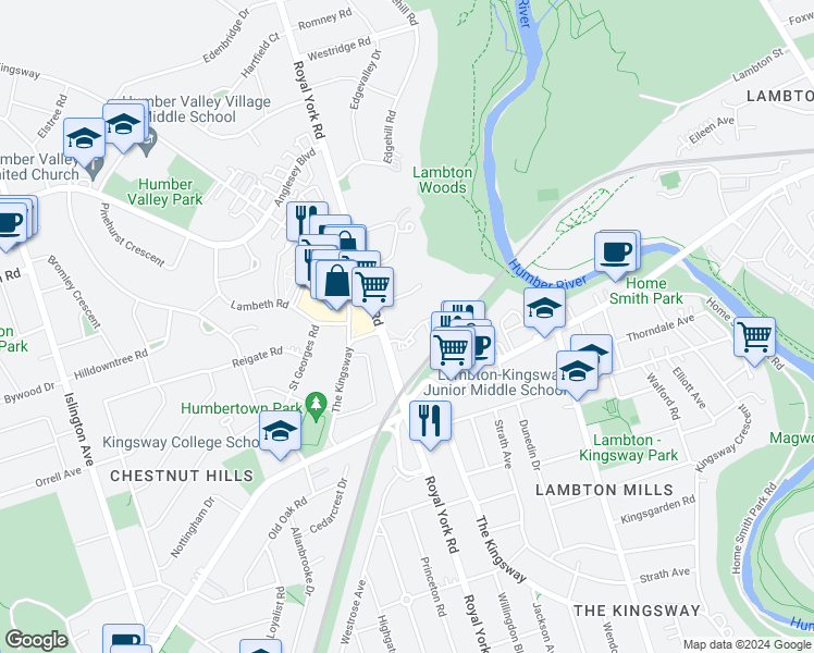 map of restaurants, bars, coffee shops, grocery stores, and more near in Toronto
