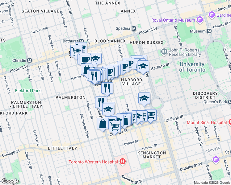 map of restaurants, bars, coffee shops, grocery stores, and more near 107 Borden Street in Toronto