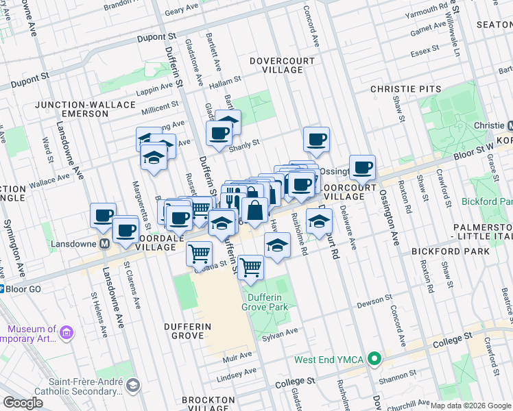 map of restaurants, bars, coffee shops, grocery stores, and more near 6 Bartlett Avenue in Toronto