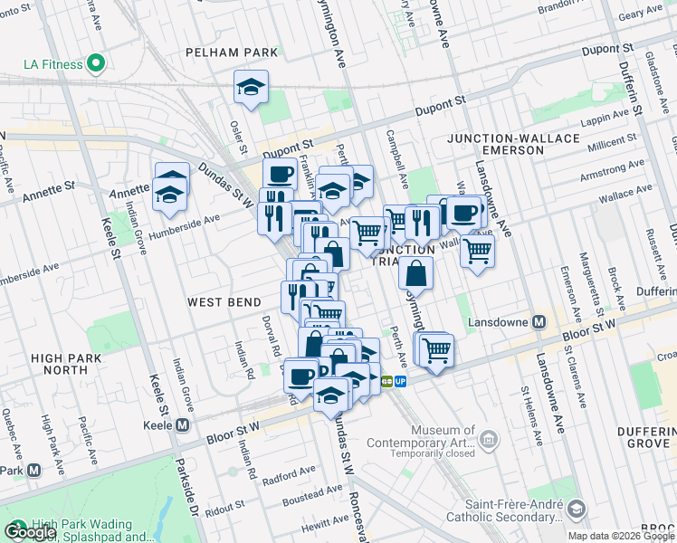 map of restaurants, bars, coffee shops, grocery stores, and more near in Toronto