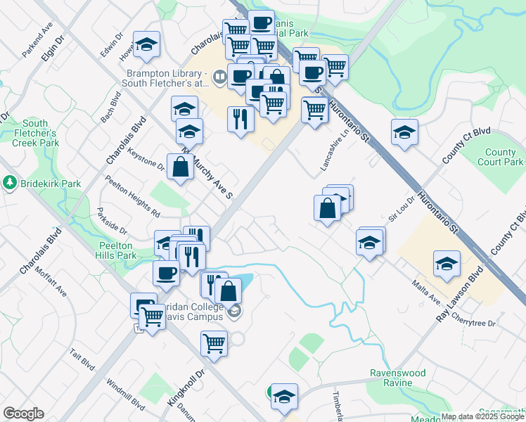 map of restaurants, bars, coffee shops, grocery stores, and more near 225 Malta Avenue in Brampton