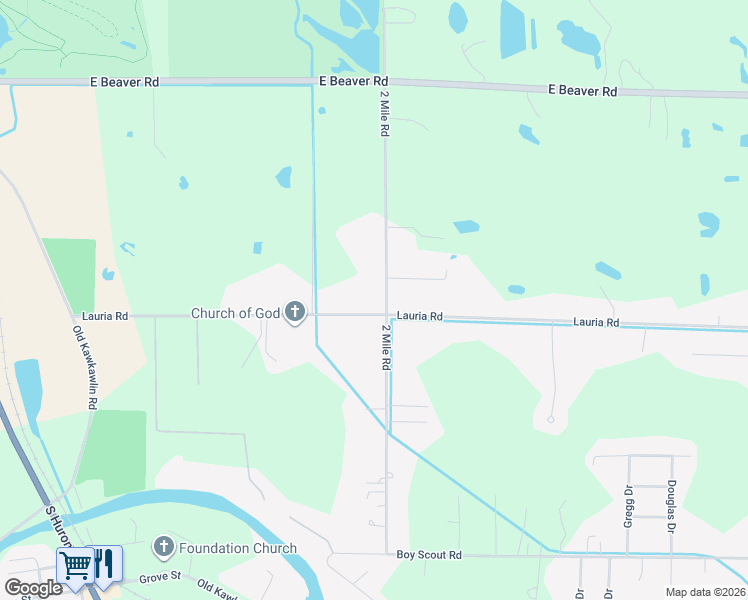 map of restaurants, bars, coffee shops, grocery stores, and more near 2993 Lauria Road in Kawkawlin