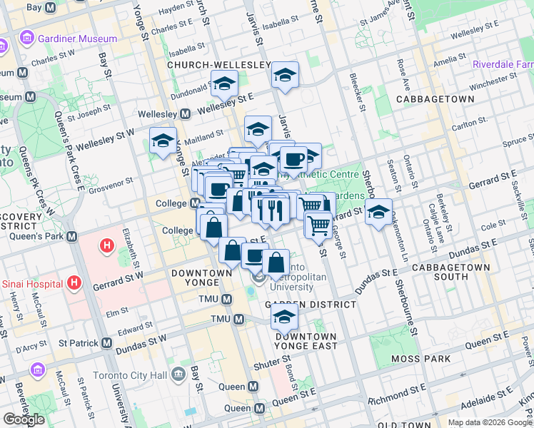 map of restaurants, bars, coffee shops, grocery stores, and more near 365 Church Street in Toronto