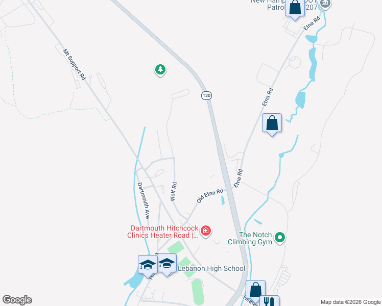 map of restaurants, bars, coffee shops, grocery stores, and more near 30 Wolf Road in Lebanon