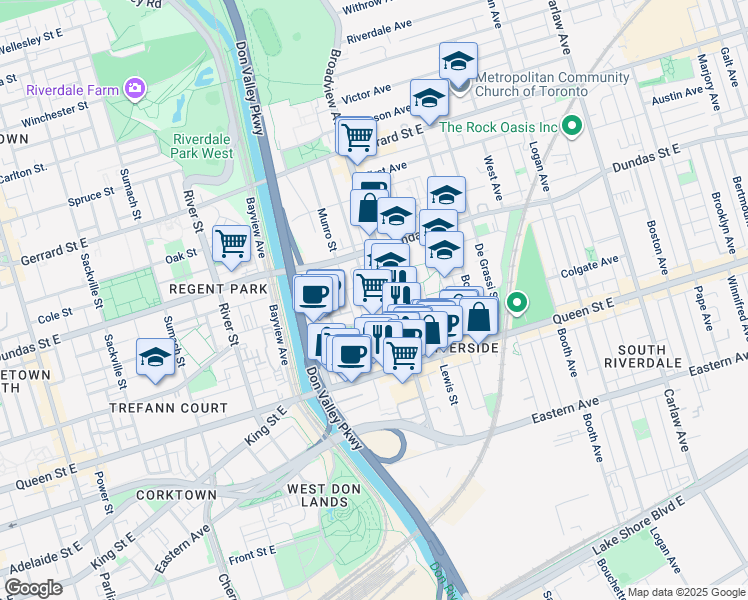 map of restaurants, bars, coffee shops, grocery stores, and more near 77 Hamilton Street in Toronto
