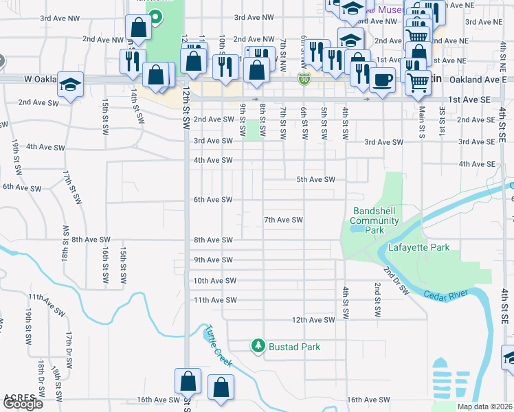 map of restaurants, bars, coffee shops, grocery stores, and more near 706 8th Street Southwest in Austin