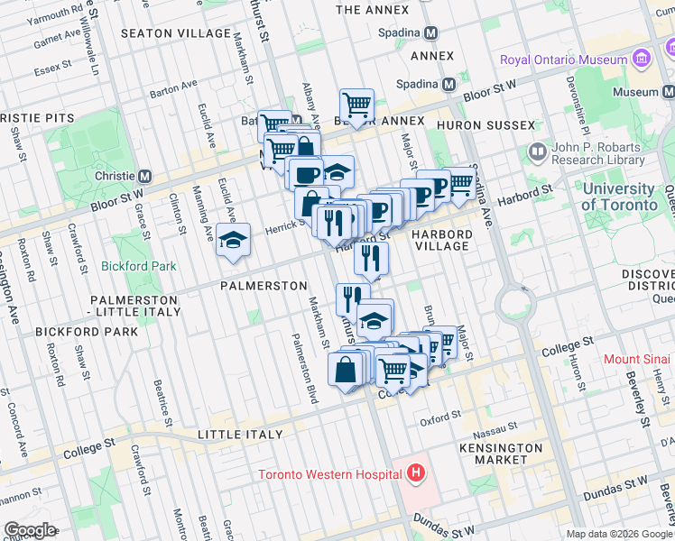 map of restaurants, bars, coffee shops, grocery stores, and more near 653 Bathurst Street in Toronto