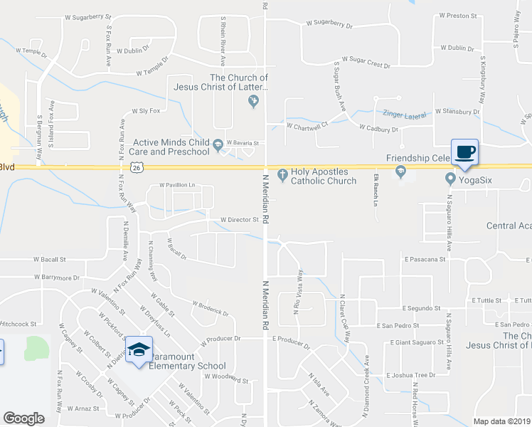 map of restaurants, bars, coffee shops, grocery stores, and more near 6180 North Meridian Road in Meridian