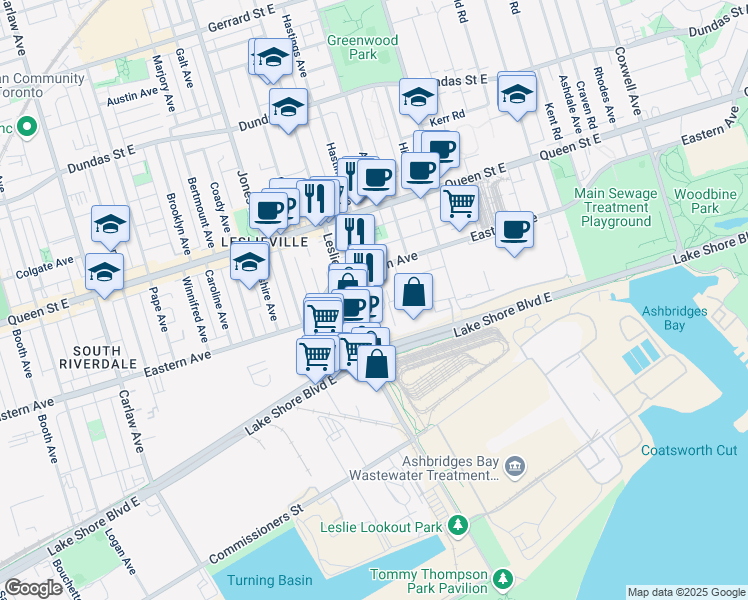 map of restaurants, bars, coffee shops, grocery stores, and more near 15 Leslie Street in Toronto