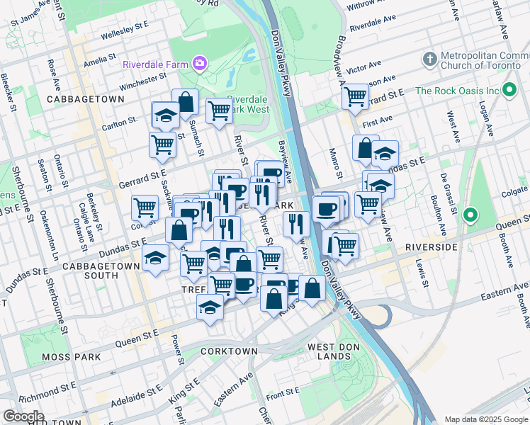 map of restaurants, bars, coffee shops, grocery stores, and more near 119 River Street in Toronto
