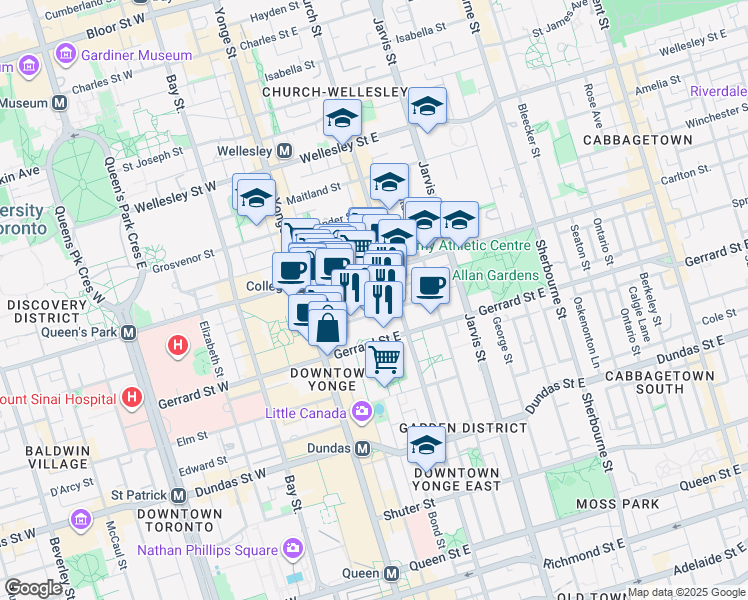 map of restaurants, bars, coffee shops, grocery stores, and more near 46 Gerrard Street East in Toronto