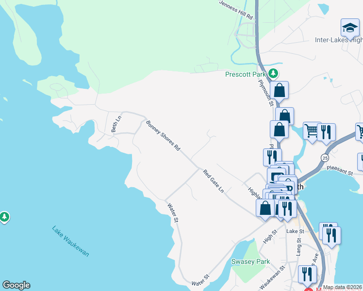 map of restaurants, bars, coffee shops, grocery stores, and more near 11 Bonney Shores Road in Meredith